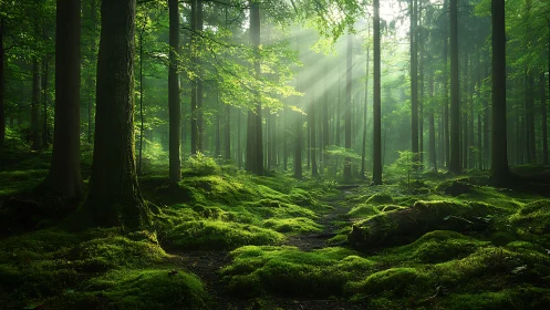 Coniferous Forest Interior with Directional Volumetric Lighting and Bryophytic Ground Cover