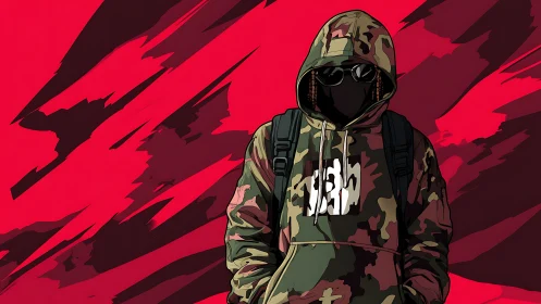 Camouflage ghost strides through crimson digital thunder