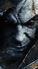 Stone-faced guardian with molten eyes and fierce resolve.