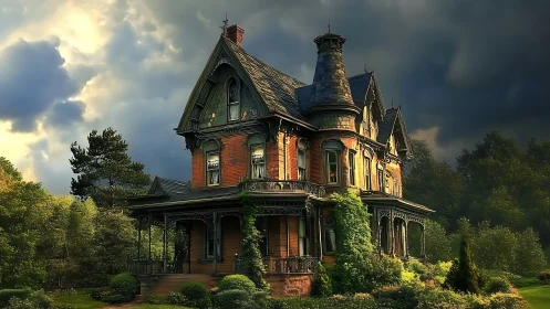 Old Victorian mansion under stormy dramatic evening sky.