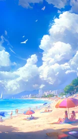 Sunlit coastal city beachscape with cumulus cloud formations