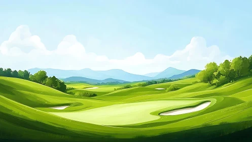 Digital painting of sunlit golf course with rolling fairways.