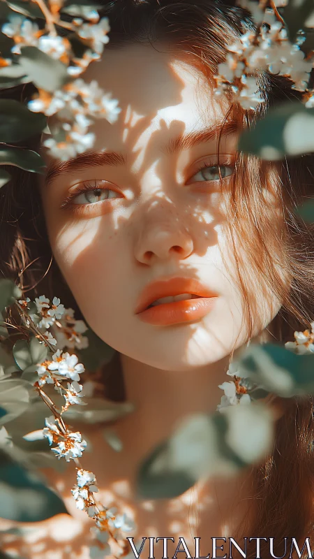 Soft sunlight portrait framed by delicate spring blossoms.