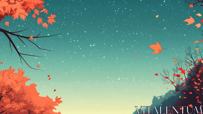 Autumn trees frame starry turquoise sky with drifting leaves
