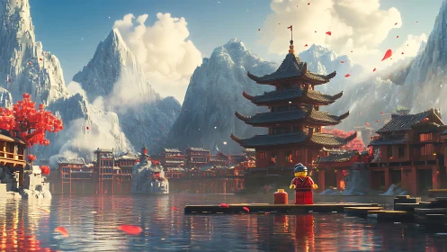 LEGO pagoda village rests beside lake under snowy mountains
