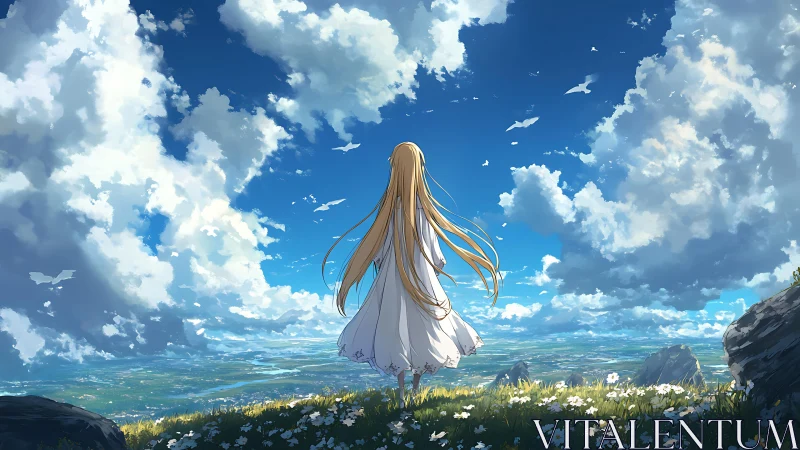 Girl in white dress gazing toward a bright endless sky.