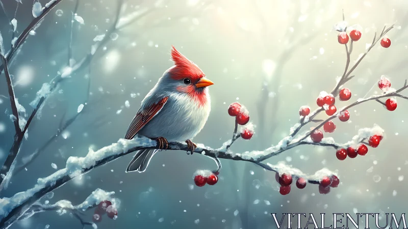 Vibrant cardinal on snowy berry branch, digital winter illustration.