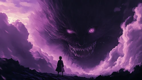 Storm-lit wanderer facing a colossal violet nightmare sky.