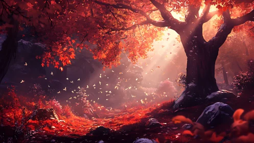 Sunlit forest clearing shows dense red foliage and soft haze