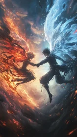 Fire and ice warriors collide in a swirling elemental sky
