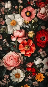 Dense Floral Composition with Multiple Bloom Varieties.