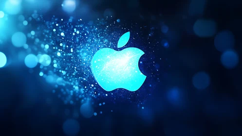 Blue apple-shaped logo is centered on a luminous bokeh field