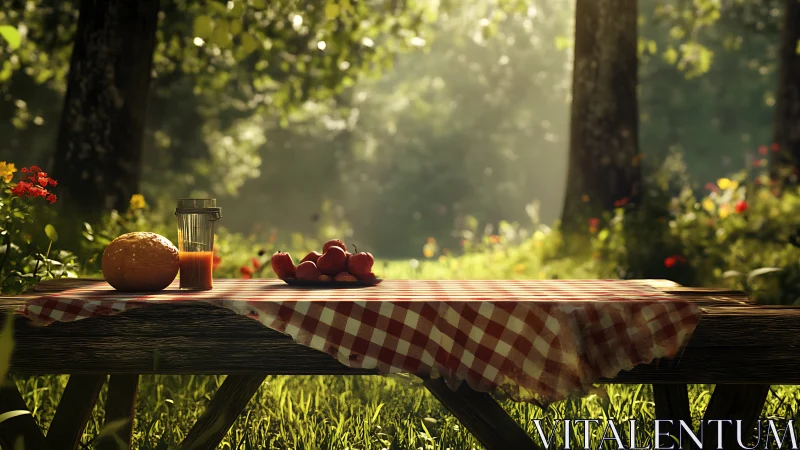 Picnic table with fruit, juice and bread in summer light.