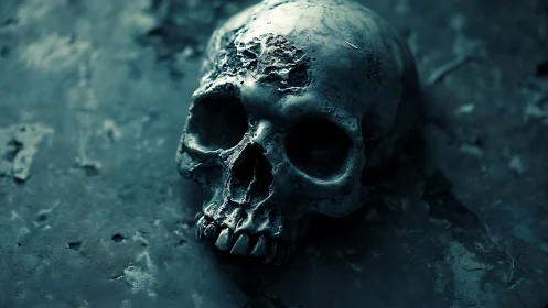 Weathered human skull on corroded surface in teal tones.