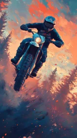 Motocross rider soars through fiery forest sky at dusk.