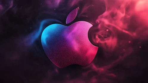 Metallic fruit-shaped logo with neon smoke background.