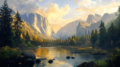 Sunlit mountain valley with river, pines, and distant falls.