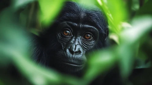 Gentle young gorilla gazes softly through lush green leaves