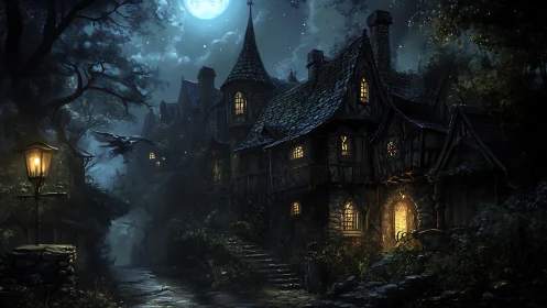 Moonlit crooked cottage glows against an enchanted forest night.