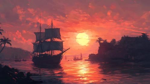 Crimson harbor sunset crowns a lone tall ship in flame-kissed seas.