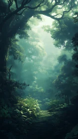 Luminescent Forest Canopy: Atmospheric Woodland Pathway Through Verdant Mist.