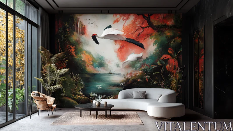 Modern lounge showcases panoramic crane forest mural wall