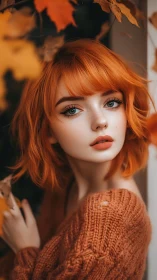 Young woman with orange hair poses amid autumn foliage