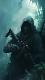 Hooded tactical operative in misty teal jungle environment.