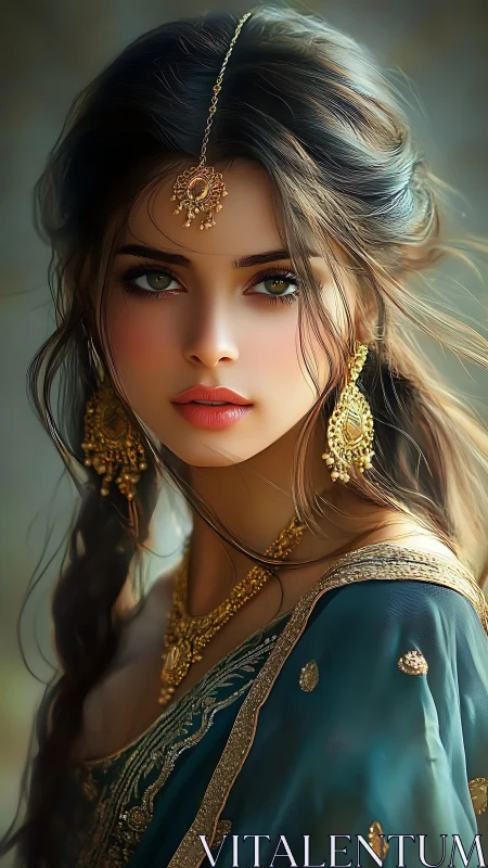 Regal woman in teal sari with ornate golden jewelry gazes