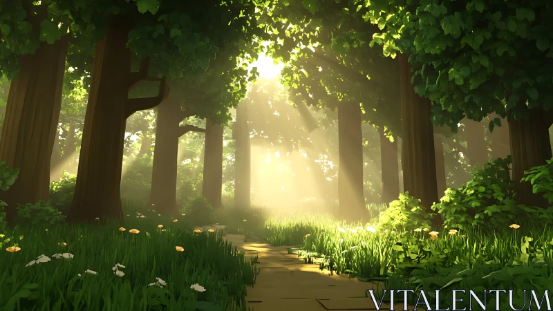 Forest colonnade with sunlight filtering through trees