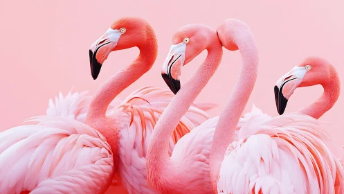 Four pink flamingos aligned against soft pastel backdrop.
