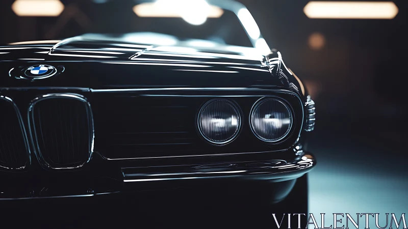Classic BMW front end gleams under dramatic studio lighting.