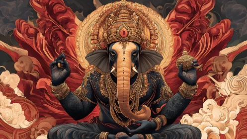 Ornate digital Ganesha deity with gold filigree and red plumes