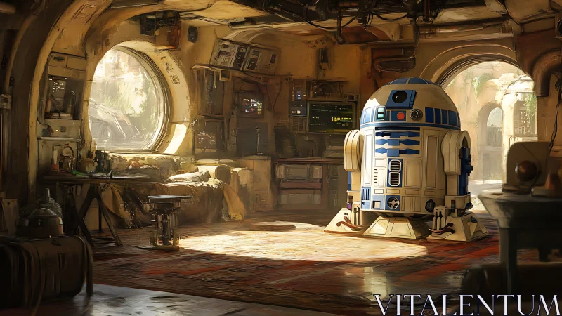 Lone astromech waits in a sunlit, sandworn starship hideout.