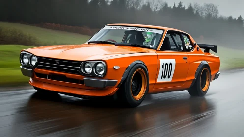 Photorealistic retro race car with dynamic motion blur rendering.