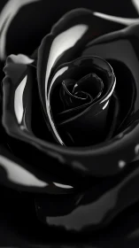 Glossy black rose petals curl in dramatic close-up view.
