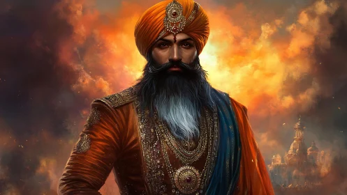 Regal Sikh warrior in ornate turban against fiery dusk sky.