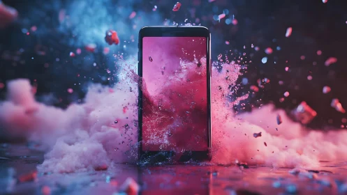 Smartphone Surrounded by Exploding Pink and Blue Dust in Dramatic Light.