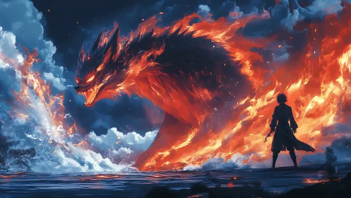 Flaming wolf entity confronting lone figure at sea shore.