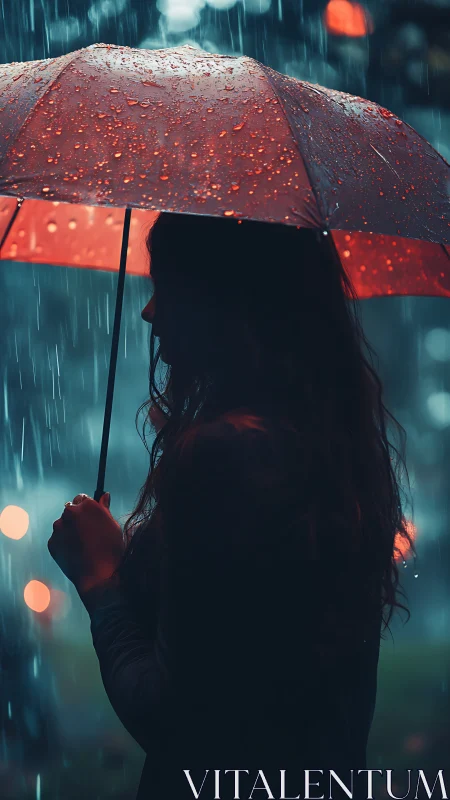 Silhouette under red umbrella in rainfall at dusk conditions.