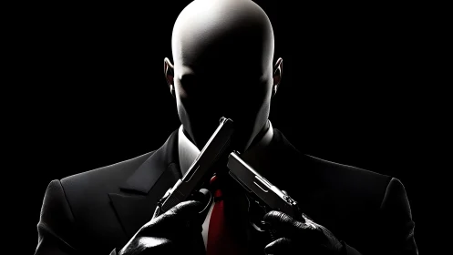 Bald suited figure holds two pistols crossed before face
