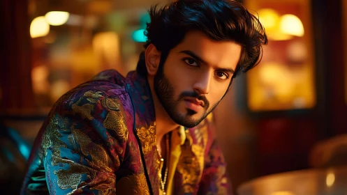 Stylish man in ornate jacket stares into warm neon glow