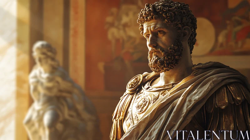 Sunlit Roman emperor statue stands in ornate museum hall