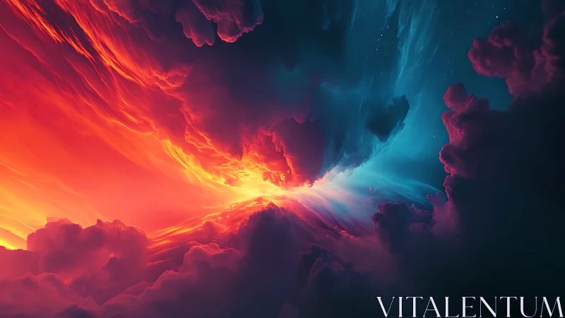 Celestial storm where blazing dusk meets quiet cosmos.