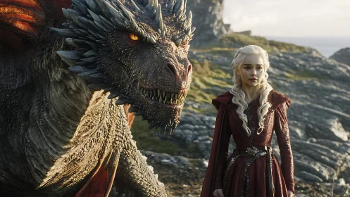 Stormlit dragon and silver-haired rider share a wary pause