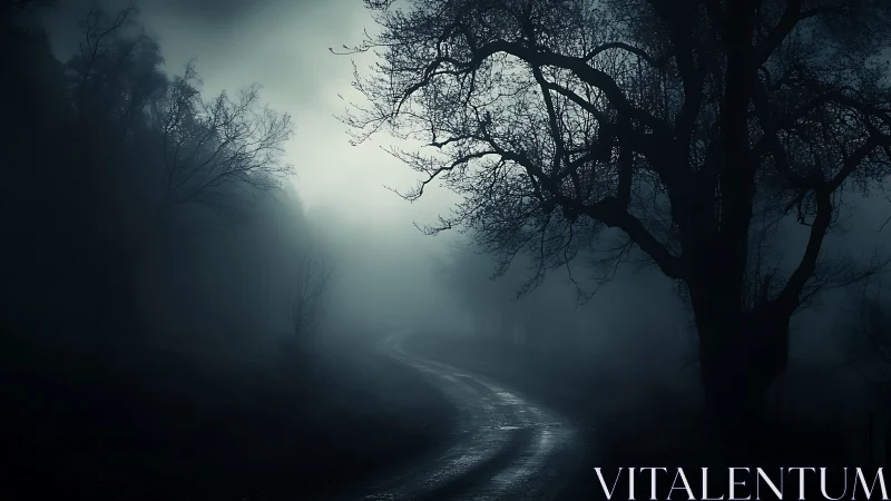 Foggy rural road curving through dark leafless woodland.