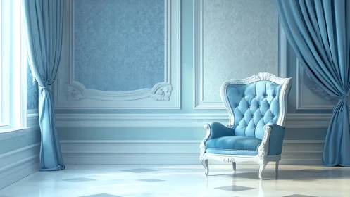 Blue rococo armchair anchors sunlit neoclassical room.