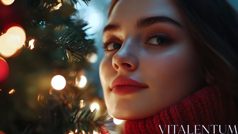 Holiday portrait glows beside blurred festive lights.