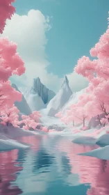 Pastel alpine river with pink foliage rendered in soft 3D lighting