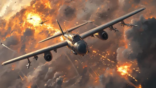 Twin-engine bomber dives through incendiary cloudscape barrage.